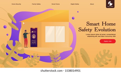 Creative website template layout: smart home security and remote wireless house control. Vector illustration of web page for desktop and mobile development. Concept for poster and banner design