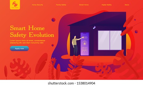 Creative website template layout: smart home security and remote wireless house control. Vector illustration of web page for desktop and mobile development. Concept for poster and banner design