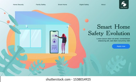 Creative website template layout: smart home security and remote wireless house control. Vector illustration of web page for desktop and mobile development. Concept for poster and banner design