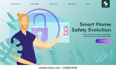 Creative website template layout: smart home security and remote wireless house control. Vector illustration of web page for desktop and mobile development. Concept for poster and banner design