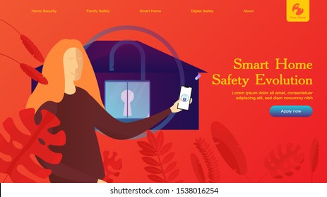 Creative website template layout: smart home security and remote wireless house control. Vector illustration of web page for desktop and mobile development. Concept for poster and banner design