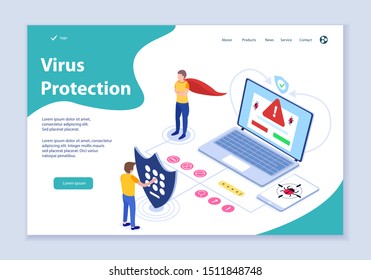 Creative website template of virus protection concept, 3D isometric design vector illustration