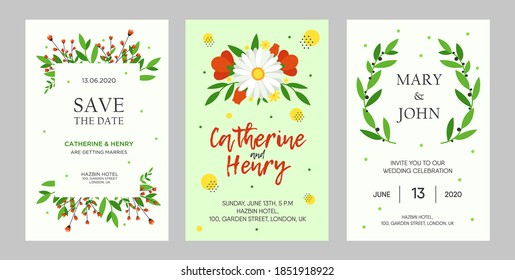 Creative wedding invitation designs with flowers. Trendy floral invitations with text. Celebration and event concept. Template for leaflet, banner or flyer