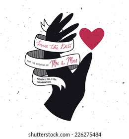 Creative wedding invitation in rock style. Vector art with hand, ribbon and heart.