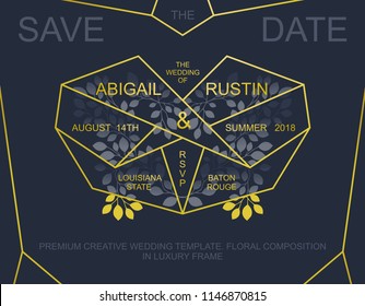 Creative Wedding Invitation. Trendy Save the Date card design. Golden geometric frame and floral composition. Vector template