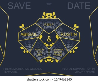 Creative Wedding Invitation. Trendy Save the Date card design. Golden geometric frame and floral composition.
 Vector template
