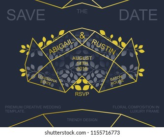 Creative Wedding Invitation. Trendy Save the Date card design. Golden geometric frame and floral composition.
 Vector template