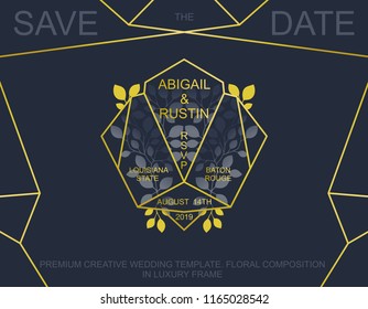 Creative Wedding Invitation. Trendy Save the Date card design. Golden geometric frame and floral composition.
 Vector template