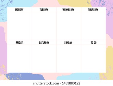 Creative weekly planner with pastel brushstroke on background. Stylish organizer and schedule. Planner template for print, office, school. Vector illustration. 