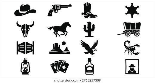 Creative western icon set with sheriff stars, rope, wagon, animals, and desert scenery, modern vector style suitable for vintage, western, and cowboy branding.