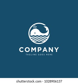 Creative whale logo, emblem, design template negative space isolated on blue background. Vector Illustration
