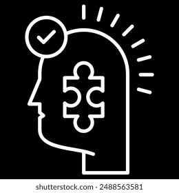 Cerebro blanco creativo con el icono de la pieza del rompecabezas sobre fondo negro, que simboliza la resolución de problemas, la salud mental y el pensamiento innovador. Ideal para App, Sitios web y materiales educativos.
