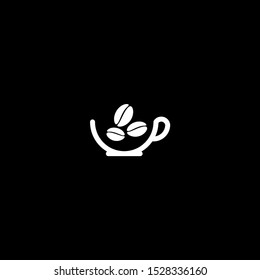 Creative white coffee shop logo vector design isolated on black background. Coffe shop, coffee bean, coffee cup, cafe, bar.