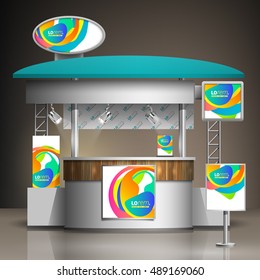 Creative white exhibition stand design with color art elements. Booth template. Corporate identity