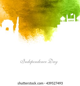 Creative white illustration of famous monuments on abstract watercolor background, Elegant Greeting Card design for Happy Indian Independence Day celebration.