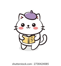 Creative white kitten mascot wearing a purple beret and holding a sketchbook, ideal for art, school, and creativity designs.