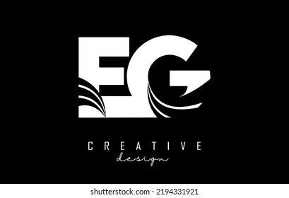 Creative white letter EG e g logo with leading lines and road concept design. Letters with geometric design. Vector Illustration with letter and creative cuts and lines.