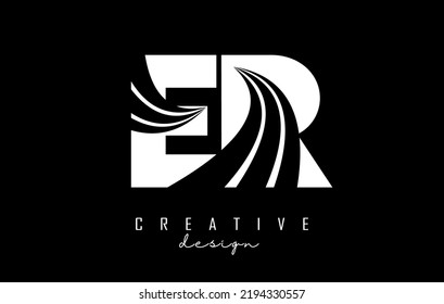 Creative white letter ER e R logo with leading lines and road concept design. Letters with geometric design. Vector Illustration with letter and cuts.