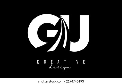 Creative weiße Buchstaben GU g u Logo mit führenden Linien und Straßenkonzept Design. Buchstaben mit geometrischem Design. Vektorgrafik mit Buchstaben und Schnitten.