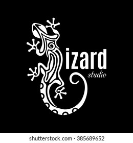 Creative white lizard icon isolated on black background. Abstract vector logo lizard studio for your identity. Outline salamander design element. Vector illustration.