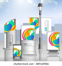 Creative white outdoor advertising design for corporate identity with color art elements. Stationery set