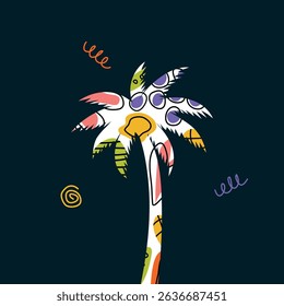 Creative white palm tree with scribbles on dark background. Square banner for advertising travel agencies, vacations, parties.