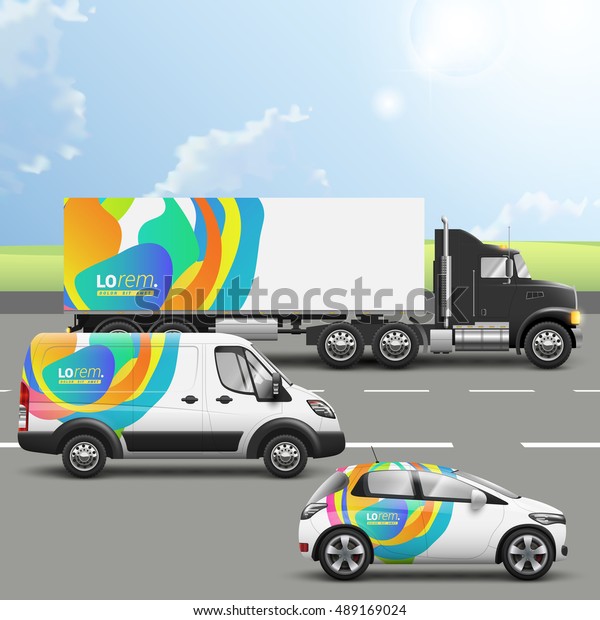 Creative white transport advertising design with\
color art elements. Templates of the truck, bus and passenger car.\
Corporate identity