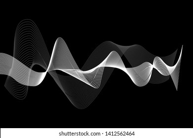 Creative White Wave Lines Design elements. Wave of many glittering lines isolated on black background. Suitable for website.