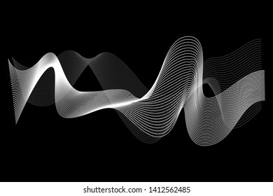 Creative White Wave Lines Design elements. Wave of many glittering lines isolated on black background. Suitable for website.