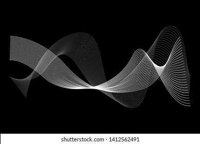 Creative White Wave Lines Design elements. Wave of many glittering lines isolated on black background. Suitable for website.
