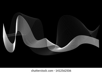Creative White Wave Lines Design elements. Wave of many glittering lines isolated on black background. Suitable for website.