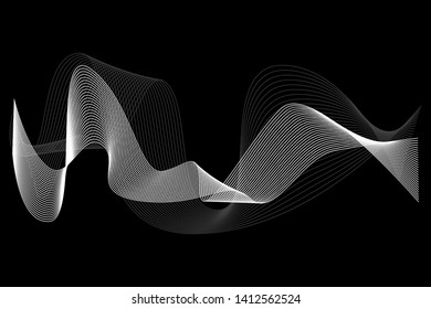 Creative White Wave Lines Design elements. Wave of many glittering lines isolated on black background. Suitable for website.