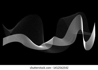 Creative White Wave Lines Design elements. Wave of many glittering lines isolated on black background. Suitable for website.