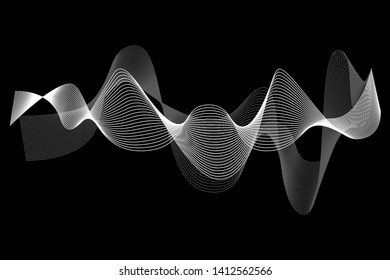 Creative White Wave Lines Design elements. Wave of many glittering lines isolated on black background. Suitable for website.