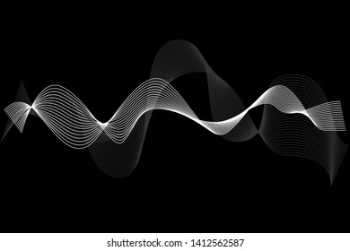 Creative White Wave Lines Design elements. Wave of many glittering lines isolated on black background. Suitable for website.