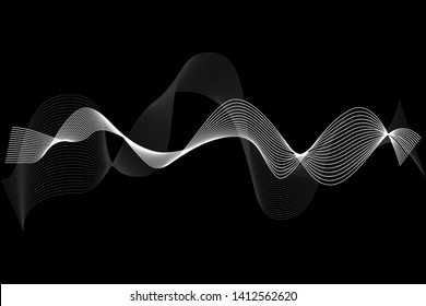 Creative White Wave Lines Design elements. Wave of many glittering lines isolated on black background. Suitable for website.