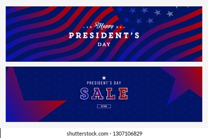 Creative wide cover design for Happy president's day. Sale banner. American flag stylish design with bright colors and metallic text. great for ad, poster, social media, web, page, billboard, placard.