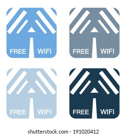 Creative wi-fi icon set of four concept original signs blue style design and free wifi text isolated on white background art