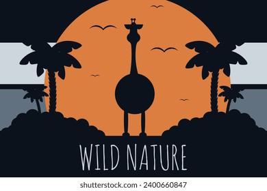 
Creative Wild Nature banner design. Template poster with Giraffe silhouette in night tropical forest and text. Nature background can used brochure, t-shirt print, card cover, Vector illustration.