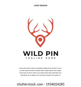 Creative Wild Pin Position Symbol Logo Design Vektorgrafik. Logo-Design-Farbe für Hirschpinstandort