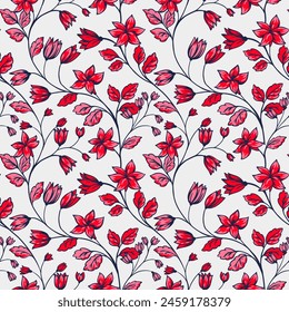  Creative wild plants intertwined in a seamless pattern. Vector hand drawn. Abstract artistic branches with tiny ditsy red flowers and pink leaves, buds printing on a white background. 