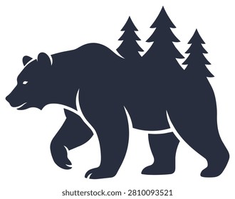 Creative wildlife vector graphic showing bear walk through woods. Double exposure style illustration for national park camping hiking or nature conservation.
