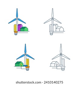 Creative Wind Mill Turbine Light Bulb House Green Energy Geometric Illustration Set