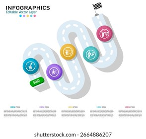 A creative winding road infographic template with 5 colorful steps and icons. Ideal for presentations, business concepts, and marketing plans.