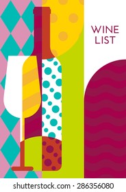 Creative wine bottle, glass with multicolor pattern. Vector abstract flat geometric background illustration. Concept for wine list, menu, flyer, party, alcohol drinks, poster design.