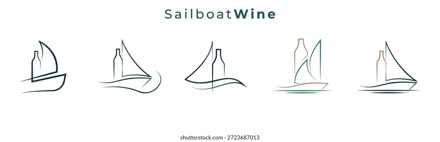 Colección creativa del logotipo del velero de la botella de vino para las bodegas, las etiquetas del vino y las marcas costeras