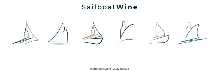 Colección creativa del logotipo del velero de la botella de vino para las bodegas, las etiquetas del vino y las marcas costeras
