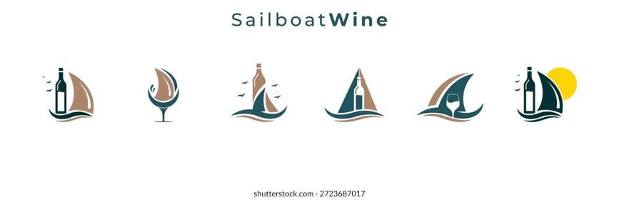 Creative Wine Bottle Segelboot Logo Kollektion für Weingüter, Weinetiketten und Küsten Marken