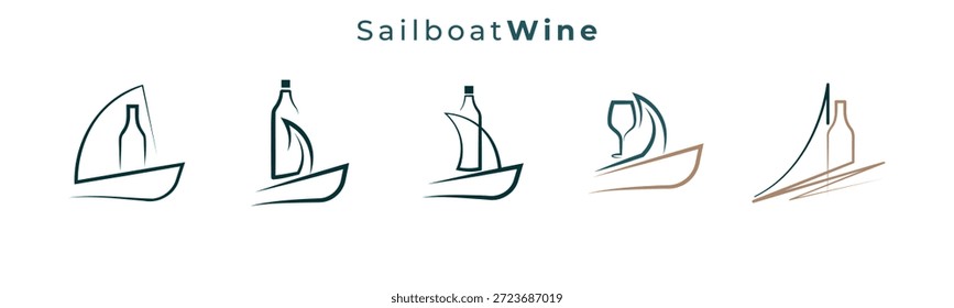 Colección creativa del logotipo del velero de la botella de vino para las bodegas, las etiquetas del vino y las marcas costeras