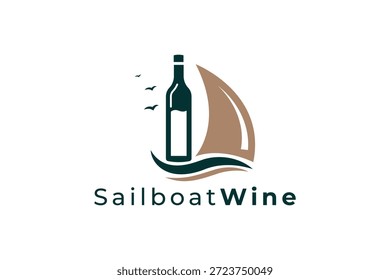 Logotipo creativo del velero de la botella de vino para los bares de vino, las bodegas costeras y la marca de lujo